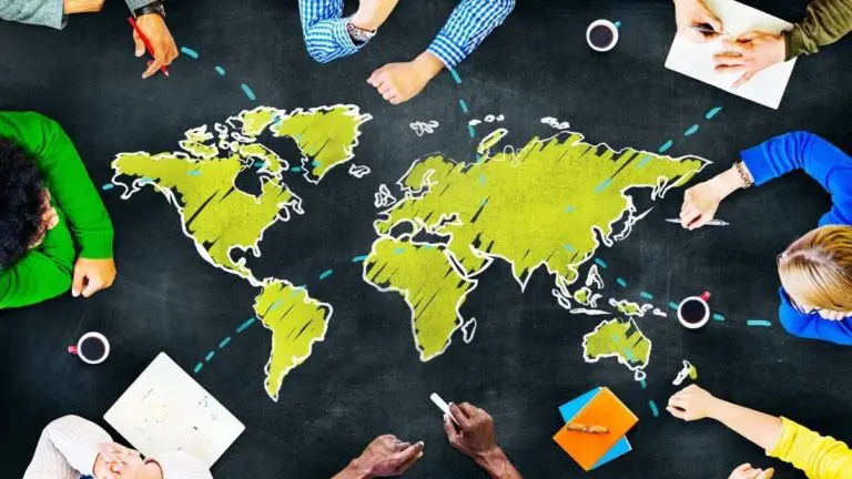 People gathered around a map