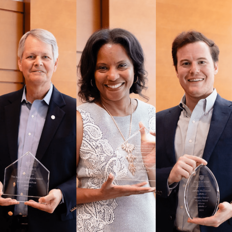 Standing shots of Adam Holtzschue, Carol Spann Joyner, and Jamey McDowell holding their awards smiling proud.