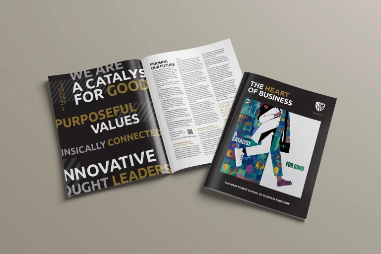 An opened Wake Forest School of Business magazine