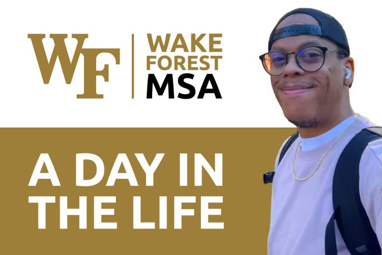 A video thumbnail graphic for A Day in the Life of a Masters of Science in Accountancy student. This version of the graphic is sized to 4:3 aspect ratio.