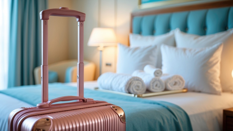 Suitcase positioned beside bed in bright room
