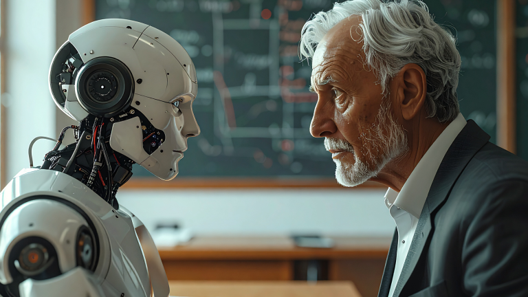 Man and a robot gazing at each other intensely across a table.