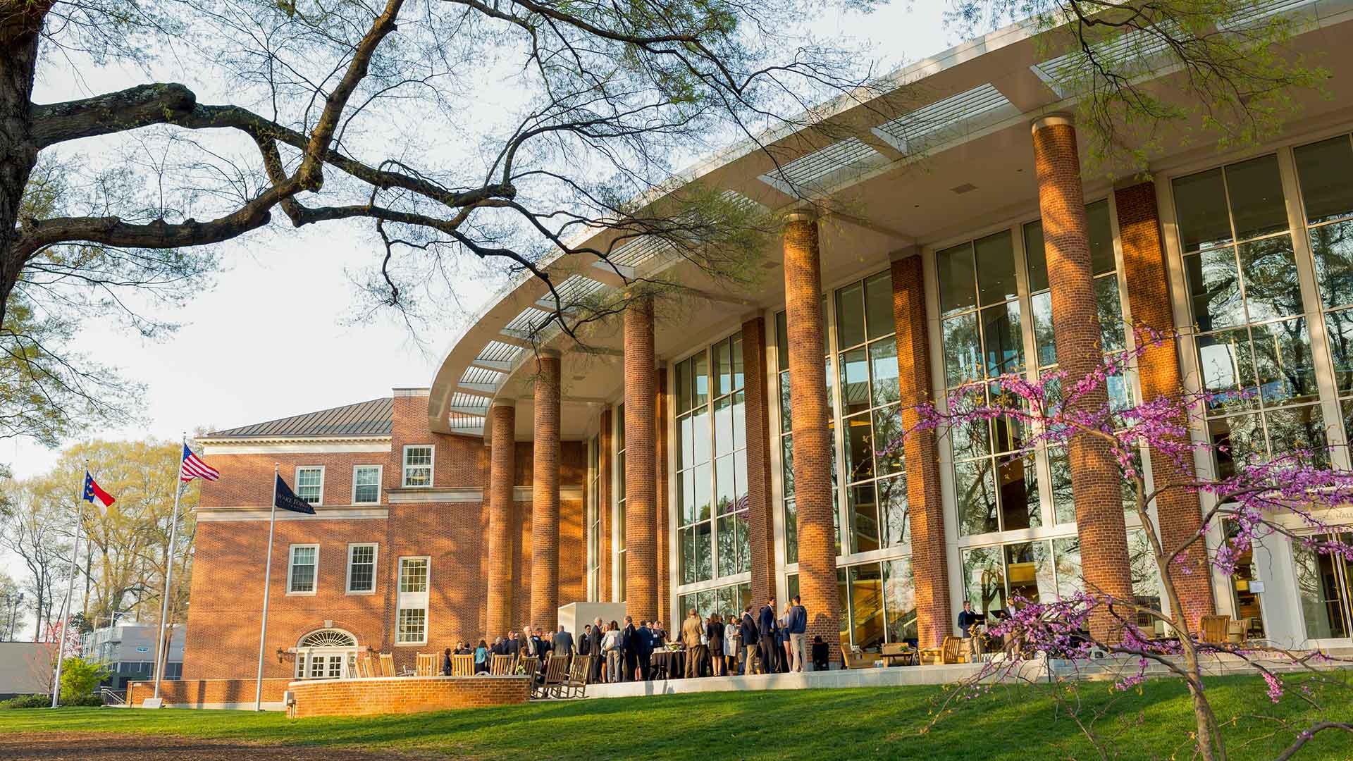 A view of the Farrell Hall terrace and Fire Pit