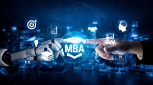 A graphic representing the intersection of AI and human input for a MBA degree