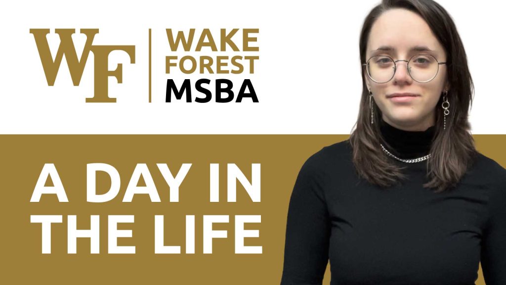 A video thumbnail graphic for A Day in the Life of a Masters of Science in Business Analytics student