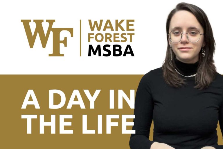 A video thumbnail graphic for A Day in the Life of a Masters of Science in Business Analytics student. This version of the graphic is sized to 4:3 aspect ratio.