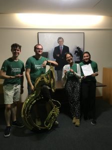 Art center checkpoint with a random tuba.