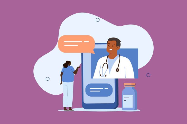 A playful illustration of a doctor speaking with his patient via a smart phone, representing the concept of digital health.