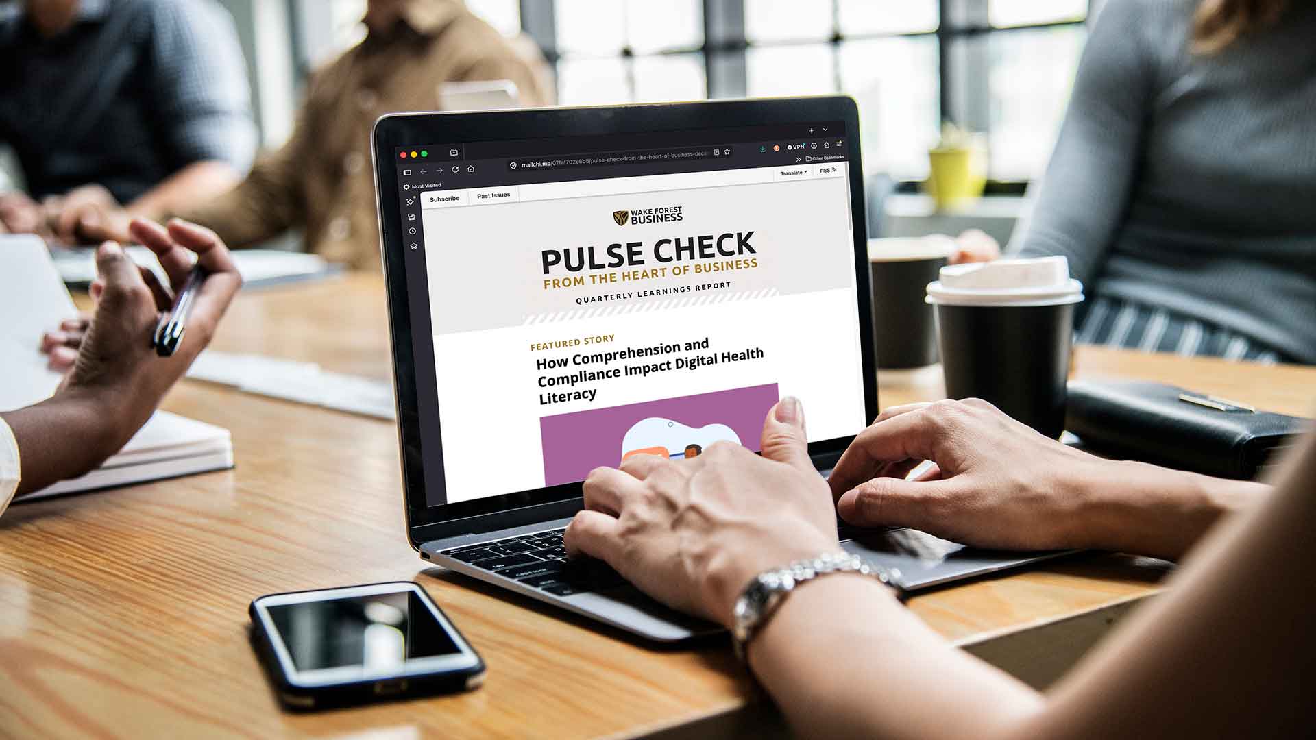 An image of a person logged into the Pulse Check From the Heart of Business newsletter on her laptop