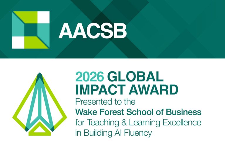 A graphic recognizing AACSB's Global Impact Award to the Wake Forest School of Business