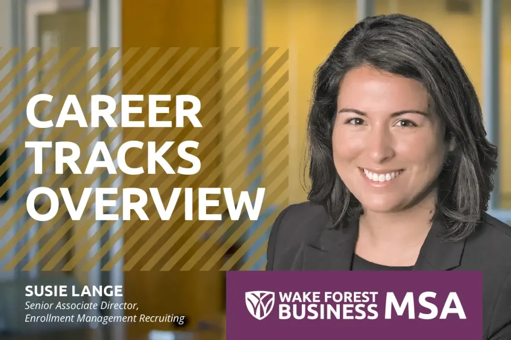 A thumbnail image representing an overview video about the Wake Forest School of Business's Career Track offerings. The video is hosted by Susie Lange.